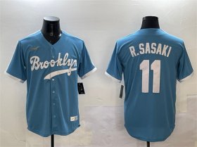 Men\'s Los Angeles Dodgers #11 Roki Sasaki Blue Throwback Stitched Baseball Jersey Cheap