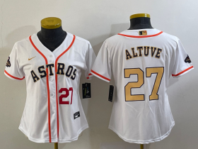 Cheap Women\'s Houston Astros #27 Jose Altuve Number 2023 White Gold World Serise Champions Patch Cool Base Stitched Jersey