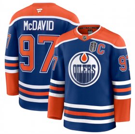 Men\'s Edmonton Oilers #97 Connor McDavid Royal 2025 Stanley Cup Final Patch And C Patch Stitched Hockey Jersey Cheap