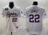 Cheap Men's LSU Tigers #22 Jared Jones White Pinstripe 2025 World Series & SEC Patch Stitched Baseball Jersey