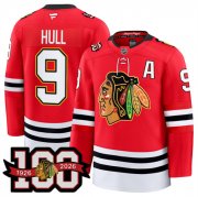 Cheap Men's Chicago Blackhawks #9 Bobby Hull Red 2025 Home 100th Anniversary Stitched Hockey Jersey