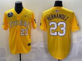 Cheap Men's LSU Tigers #23 Luis Hernandez Gold 2025 World Series & SEC Patch Stitched Baseball Jersey
