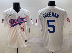 Cheap Men\'s Los Angeles Dodgers #5 Freddie Freeman White With American Flag Patch Limited Stitched Baseball Jersey