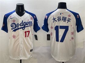 Cheap Men\'s Los Angeles Dodgers #17 Shohei Ohtani White Royal 2025 Tokyo Series Limited Stitched Baseball Jersey