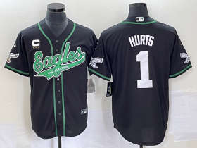 Wholesale Cheap Men\'s Philadelphia Eagles #1 Jalen Hurts Black With C Patch Cool Base Stitched Baseball Jersey
