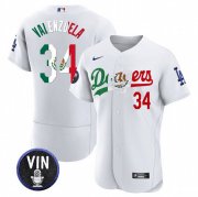 Cheap Men's Los Angeles Dodgers #34 Fernando Valenzuela White Mexico Special Vin Scully Patch Flex Base Stitched Baseball Jersey