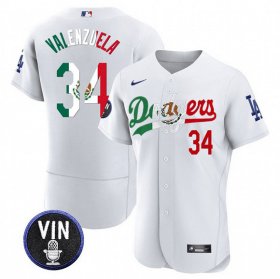 Cheap Men\'s Los Angeles Dodgers #34 Fernando Valenzuela White Mexico Special Vin Scully Patch Flex Base Stitched Baseball Jersey