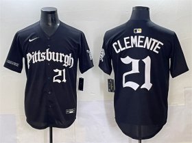 Cheap Men\'s Pittsburgh Pirates #21 Roberto Clemente Black \'Gothic Steel City Edition\' Vapor Limited Stitched Baseball Jersey