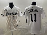Cheap Men's Milwaukee Brewers #11 Jackson Chourio White 'Gothic 414 Shadows Edition' Vapor Premier Limited Stitched Jersey