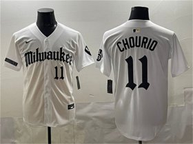 Cheap Men\'s Milwaukee Brewers #11 Jackson Chourio White \'Gothic 414 Shadows Edition\' Vapor Premier Limited Stitched Jersey