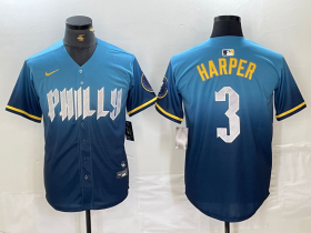 Cheap Men\'s Philadelphia Phillies #3 Bryce Harper Blue 2024 City Connect Limited Stitched Jersey