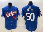 Cheap Men's Los Angeles Dodgers #50 Mookie Betts Royal With American Flag Patch Limited Stitched Baseball Jersey