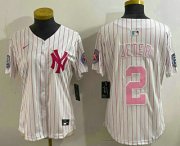 Cheap Women's New York Yankees #2 Derek Jeter White Pink Pinstripe Fashion Cool Base Jersey