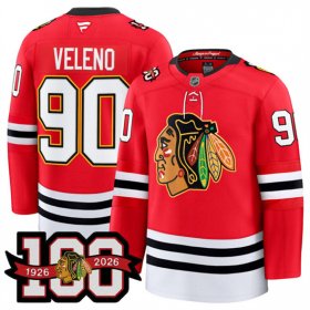 Cheap Men\'s Chicago Blackhawks #90 Joe Veleno Red 2025 Home 100th Anniversary Stitched Hockey Jersey