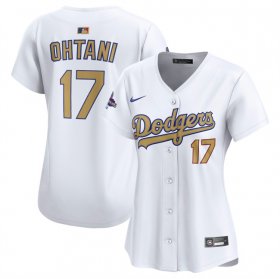 Women\'s Los Angeles Dodgers #17 Shohei Ohtani White 2025 Gold Collection Limited Stitched Baseball Jersey(Run Small) Cheap