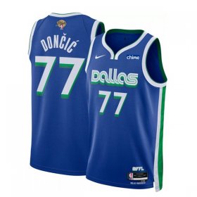 Cheap Men\'s Dallas Mavericks #77 Luka Doncic Blue 2024 Finals City Edition Stitched Basketball Jersey