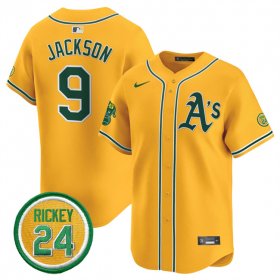 Men\'s Oakland Athletics #9 Reggie Jackson Yellow 2024 Limited With Rickey Henderson Patch Stitched Jersey Cheap