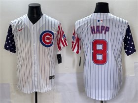 Cheap Men\'s Chicago Cubs #8 Ian Happ White Pinstripe 2025 Independence Day Vapor Premier Limited Stitched Baseball Jersey