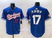 Cheap Men's Los Angeles Dodgers #17 Shohei Ohtani Royal With American Flag Patch Limited Stitched Baseball Jersey