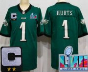 Cheap Men's Philadelphia Eagles #1 Jalen Hurts Limited Green C Patch Super Bowl LVII Vapor Jersey