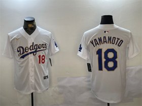 Cheap Men\'s Los Angeles Dodgers #18 Yoshinobu Yamamoto White Gold Home Limited Stitched Baseball Jerseys