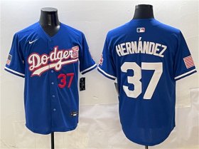 Cheap Men\'s Los Angeles Dodgers #37 Teoscar Hernandez Royal With American Flag Patch Limited Stitched Baseball Jersey