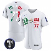 Cheap Men's Los Angeles Dodgers #77 Pezo Pluma White Mexico Special Vin Scully Patch Flex Base Stitched Baseball Jersey