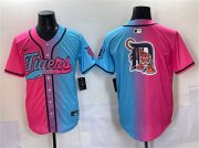 Men's Detroit Tigers Team Big Logo Pink Blue Limited Stitched Baseball Jersey Cheap Wholesale