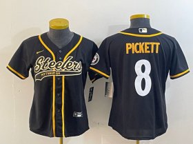Cheap Women\'s Pittsburgh Steelers #8 Kenny Pickett Black With Patch Cool Base Stitched Baseball Jersey(Run Small)