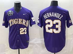 Cheap Men\'s LSU Tigers #23 Luis Hernandez Purple 2025 World Series & SEC Patch Stitched Baseball Jersey