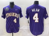 Cheap Men's LSU Tigers #4 Steven Milam Purple 2025 World Series & SEC Patch Stitched Baseball Jersey