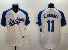 Men\'s Los Angeles Dodgers #11 Roki Sasaki White Blue Cool Base Stitched Baseball Jersey Cheap