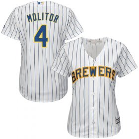 Wholesale Cheap Brewers #4 Paul Molitor White Strip Home Women\'s Stitched MLB Jersey