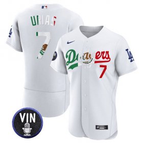 Cheap Men\'s Los Angeles Dodgers #7 Julio Urias White Mexico Special Vin Scully Patch Flex Base Stitched Baseball Jersey