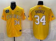 Cheap Men's LSU Tigers #34 Chase Shores Gold 2025 World Series & SEC Patch Stitched Baseball Jersey