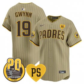 Men\'s San Diego Padres #19 Tony Gwynn Tan \'For Peter\' And Petco Park 20th Patch Limited Stitched Baseball Jersey Cheap