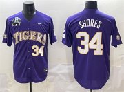 Cheap Men's LSU Tigers #34 Chase Shores Purple 2025 World Series & SEC Patch Stitched Baseball Jersey