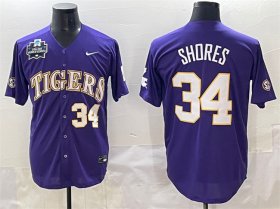 Cheap Men\'s LSU Tigers #34 Chase Shores Purple 2025 World Series & SEC Patch Stitched Baseball Jersey