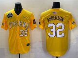 Cheap Men's LSU Tigers #32 Kade Anderson Gold 2025 World Series & SEC Patch Stitched Baseball Jersey