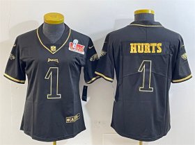 Women\'s Philadelphia Eagles #1 Jalen Hurts Black Gold 2025 Super Bowl LIX Patch Salute To Service Vapor Untouchable Limited Stitched Football Jersey(Run Small)