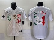 Cheap Men's Los Angeles Dodgers #34 Fernando Valenzuela White Mexico Special Vin Scully Patch Stitched Baseball Jersey