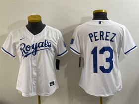 Cheap Youth Kansas City Royals #13 Salvador Perez White Cool Base Stitched Baseball Jersey
