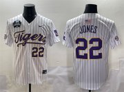 Cheap Men's LSU Tigers #22 Jared Jones White Pinstripe 2025 World Series & SEC Patch Stitched Baseball Jersey