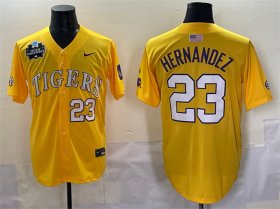 Cheap Men\'s LSU Tigers #23 Luis Hernandez Gold 2025 World Series & SEC Patch Stitched Baseball Jersey