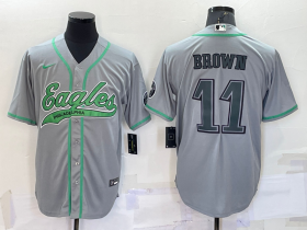 Wholesale Cheap Men\'s Philadelphia Eagles #11 AJ Brown Grey With Patch Cool Base Stitched Baseball Jersey