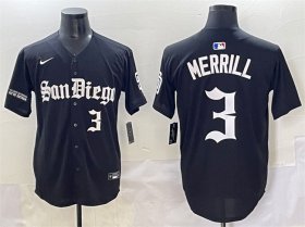 Men\'s San Diego Padres #3 Jackson Merrill Black Gothic Edition Vapor Limited Stitched Baseball Jersey