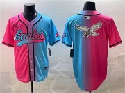 Men's Philadelphia Eagles Team Big Logo Pink Blue Limited Stitched Baseball Jersey Cheap Wholesale