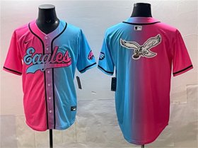 Men\'s Philadelphia Eagles Team Big Logo Pink Blue Limited Stitched Baseball Jersey Cheap Wholesale