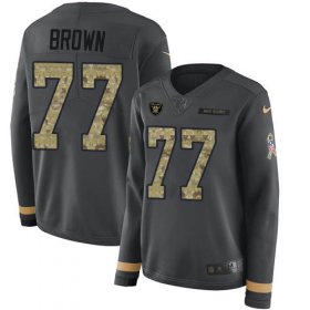 Wholesale Cheap Nike Raiders #77 Trent Brown Anthracite Salute to Service Women\'s Stitched NFL Limited Therma Long Sleeve Jersey