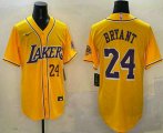 Men's Los Angeles Lakers #24 Kobe Bryant Number Yellow Purple With Patch Cool Base Stitched Baseball Jersey Cheap